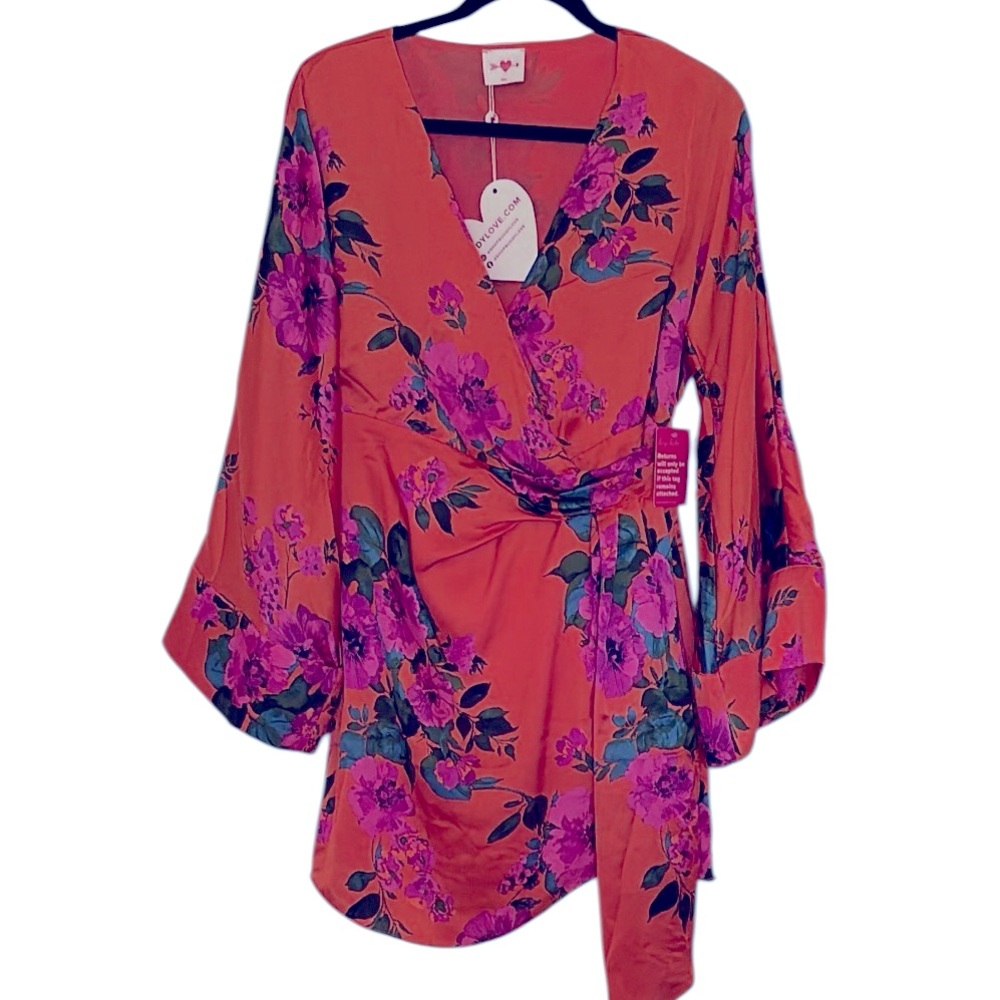 Buddy Love Satin Astrid Tuscan Rose NWT Orange kimono wrap style dress, size S - Picture 3 of 10